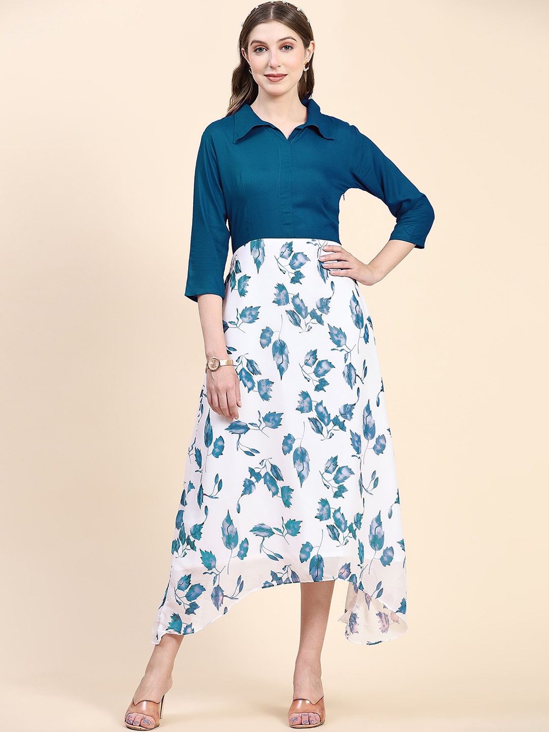 

KALINI Floral Printed Fit & Flare Midi Ethnic Dress, Teal