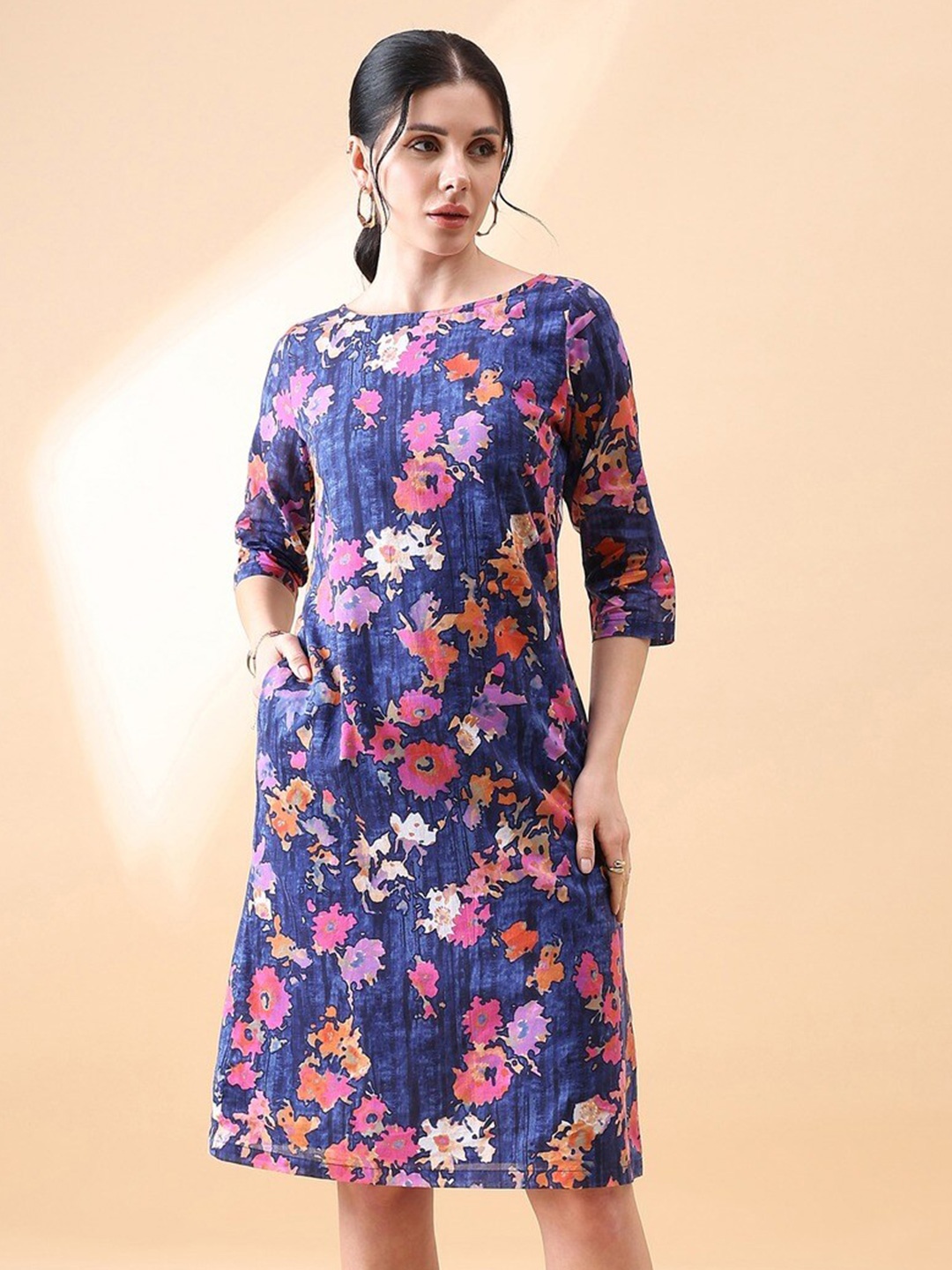 

PowerSutra Floral Printed Boat Neck Cotton A-Line Dress, Navy blue