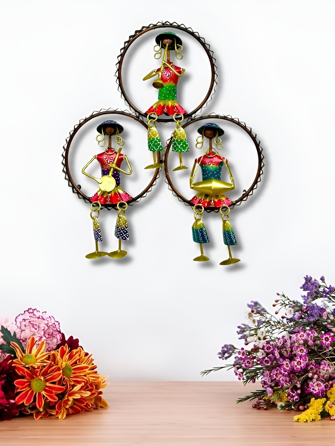 

RSN Red & Blue Metal Tribal Musicians Sitting On 3 Round Frame Wall Decor