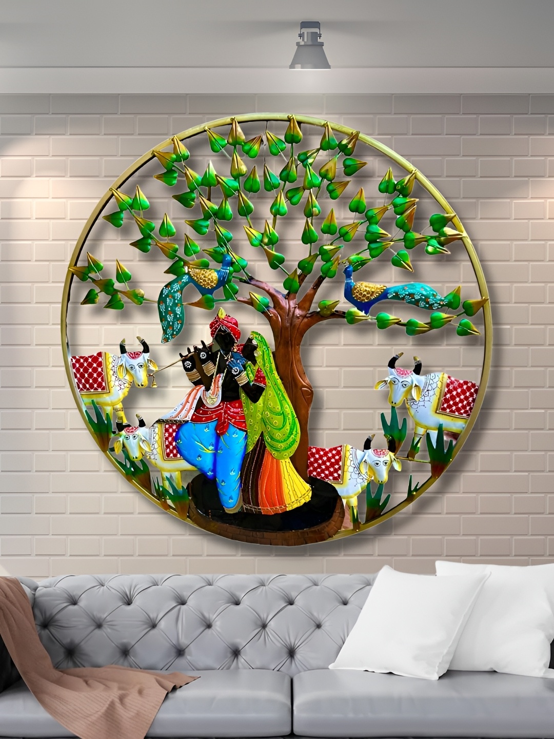 RSN Green Textured Radha Krishna Cow With LED Light Wall Decor
