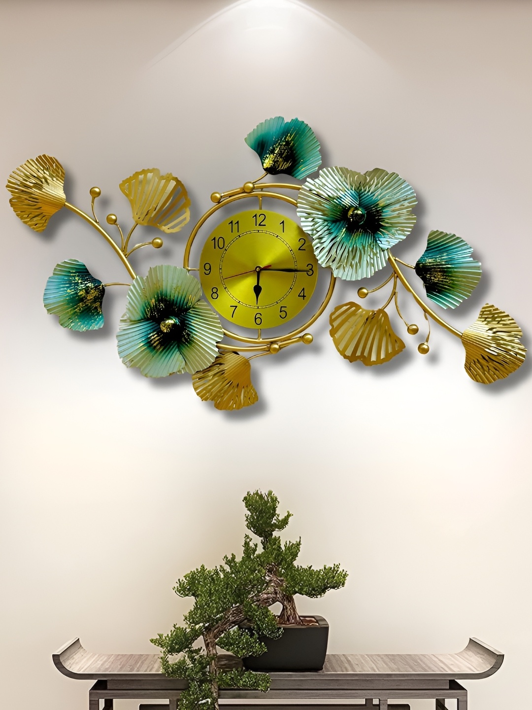 

RSN Gold Toned & Green Textured Metal Zingo Flower Clock Wall Decor