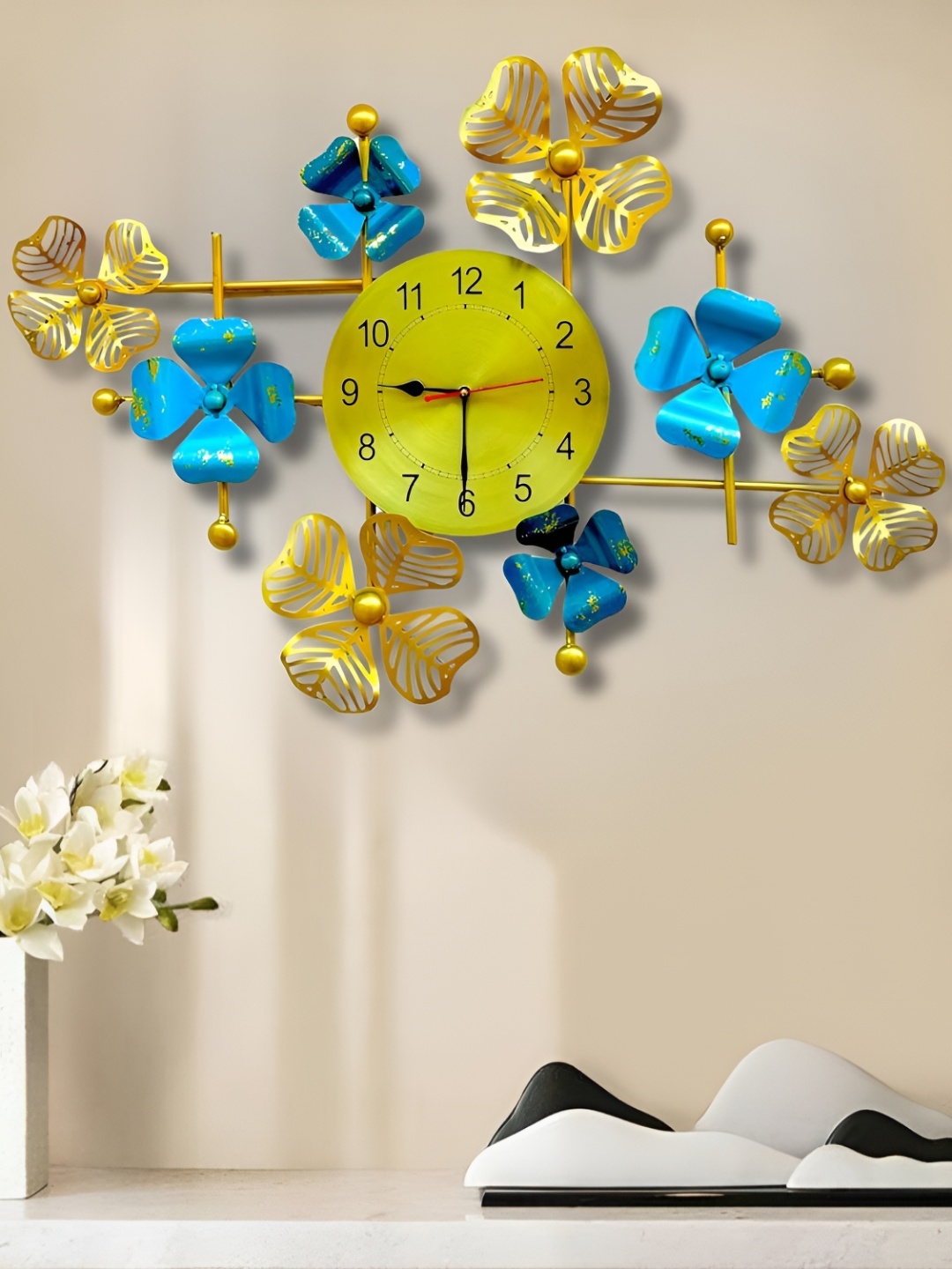 

RSN Gold Toned & Blue Textured Flower Clock Wall Decor