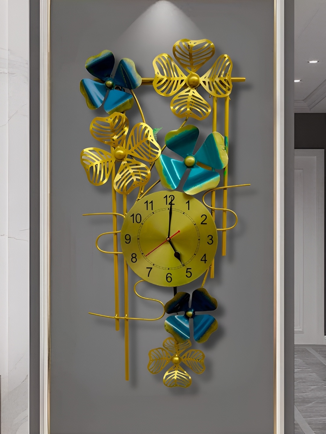 RSN Gold Toned & Blue Textured Metal Clock Wall Decor
