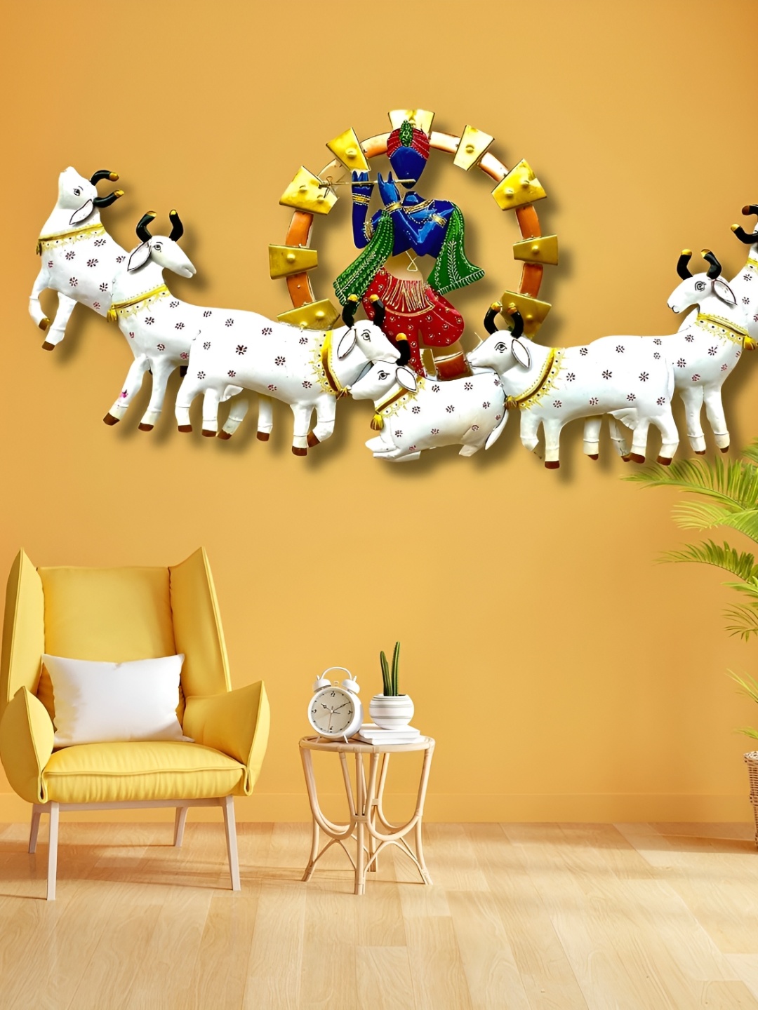 

RSN White & Blue Metal Rajasthani Ethnic Cow & Lord Krishna Wall Decor
