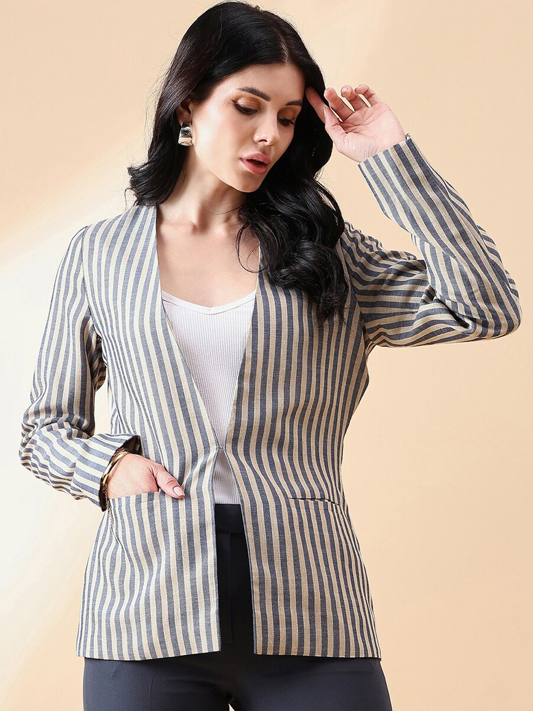 

PowerSutra Striped Single Breast Blazers, Beige