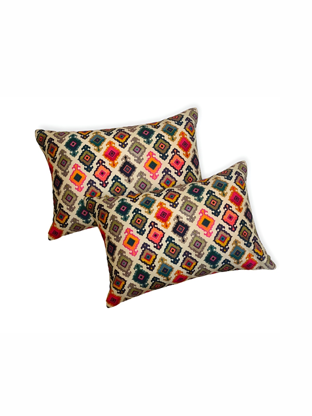 

MONKDECOR Beige & Blue 2 Pieces Ethnic Motifs Velvet Rectangle Cushion Covers