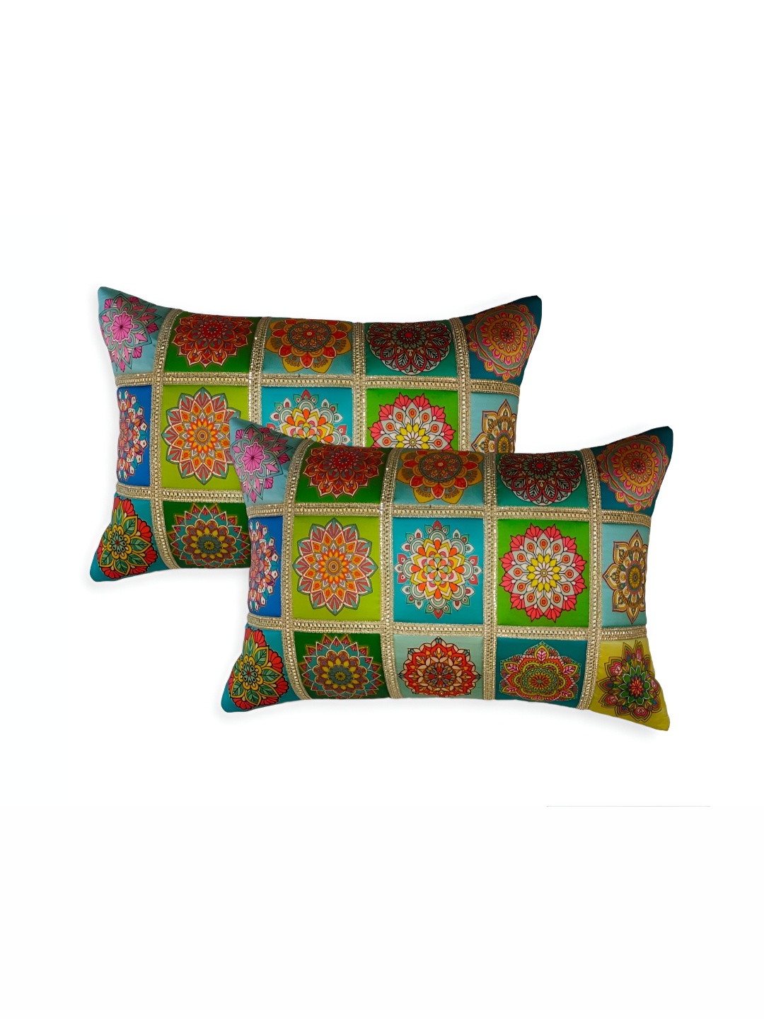 

MONKDECOR Green & Pink 2 Pieces Ethnic Motifs Silk Rectangle Cushion Covers