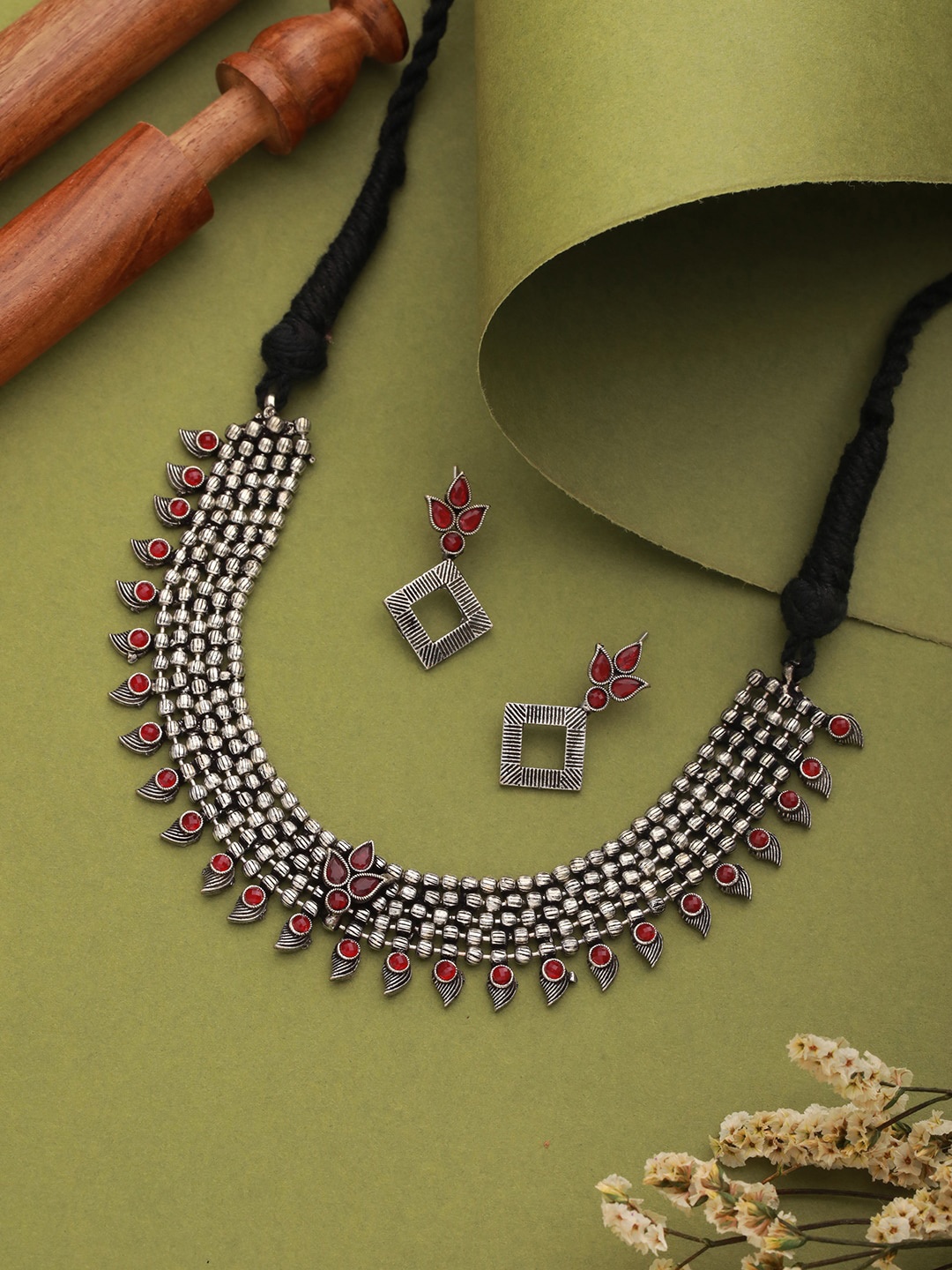 

Jazz and Sizzle Silver-Plated Oxidised Stone-Studded Jewellery Set