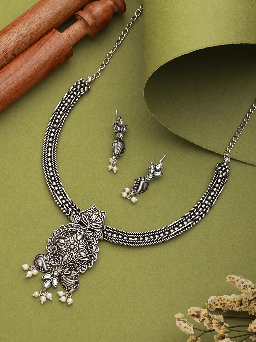 

Jazz and Sizzle Silver-Plated Stone-Studded & Beaded Oxidised Jewellery Set