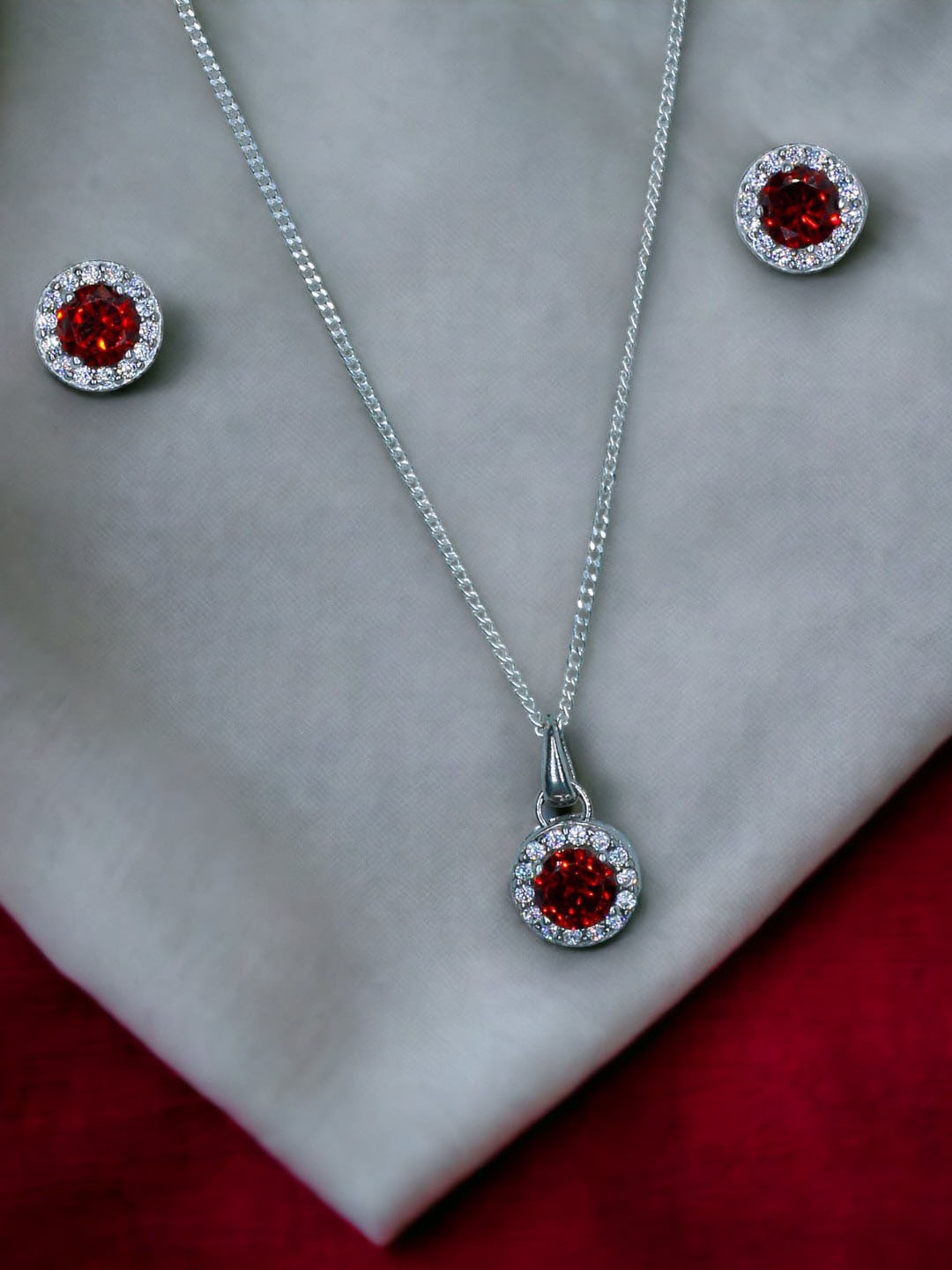 

Taraash 925 Sterling Silver CZ-Studded Jewellery Set, Red