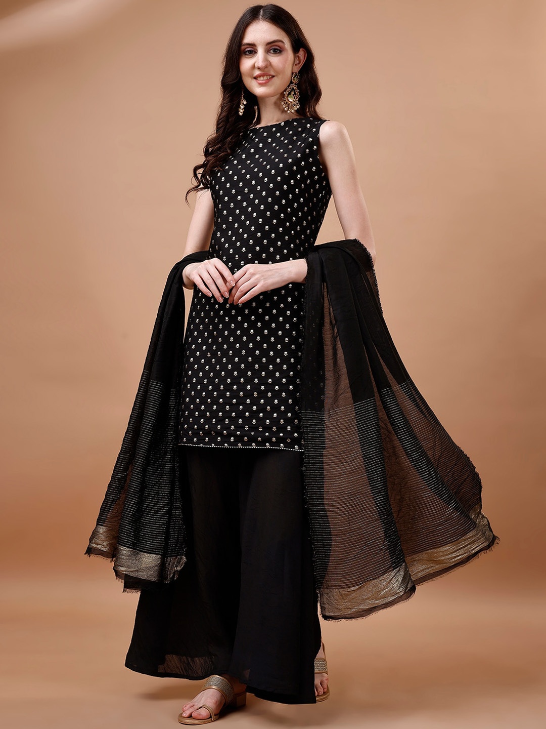 

KALINI Floral Printed Pure Silk Kurta with Sharara & Dupatta, Black