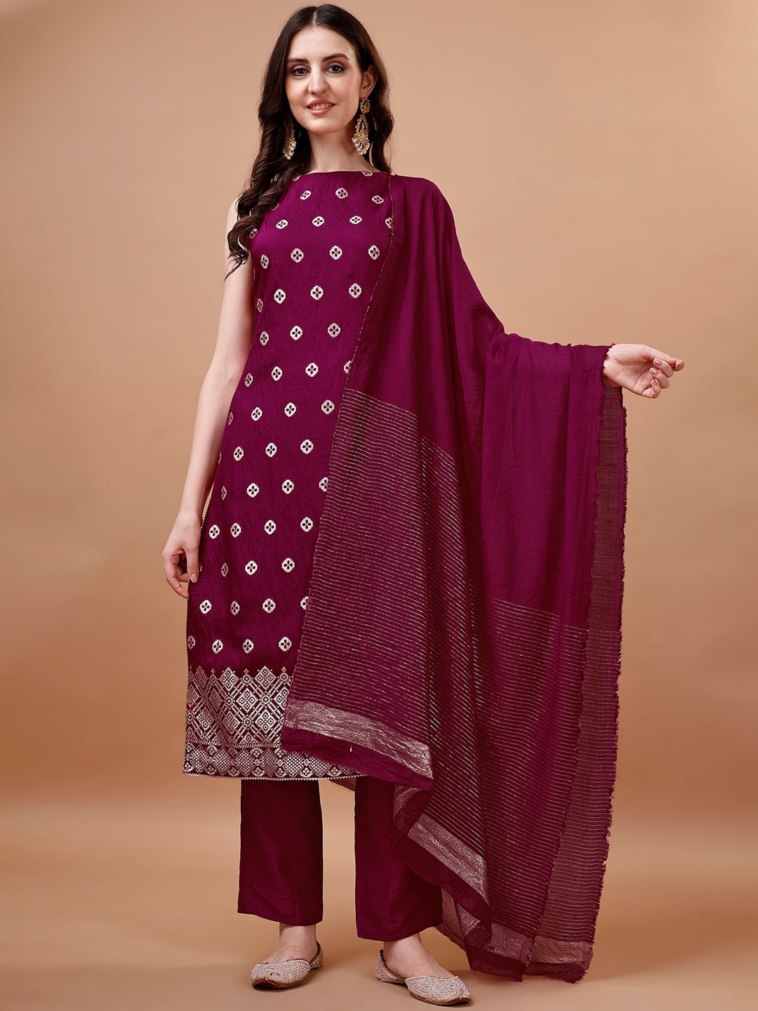 

KALINI Woven Design Jacquard Pure Silk Straight Kurta with Trousers & Dupatta, Magenta