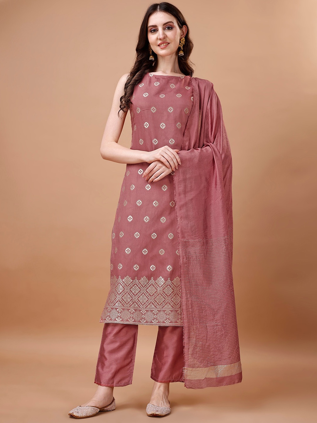 

KALINI Woven Design Jacquard Pure Silk Straight Kurta with Trousers & Dupatta, Mauve