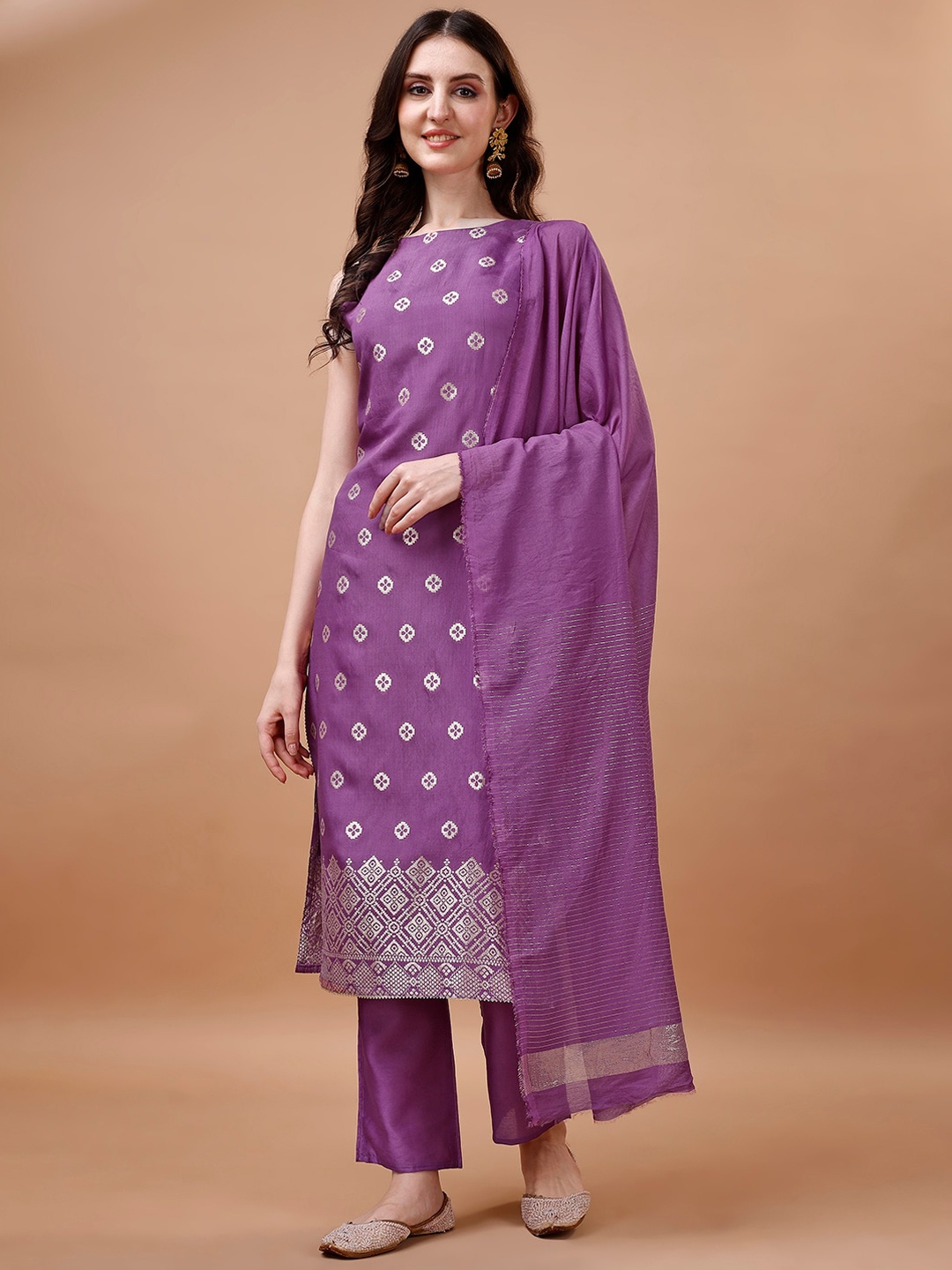 

KALINI Woven Design Jacquard Pure Silk Straight Kurta with Trousers & Dupatta, Lavender