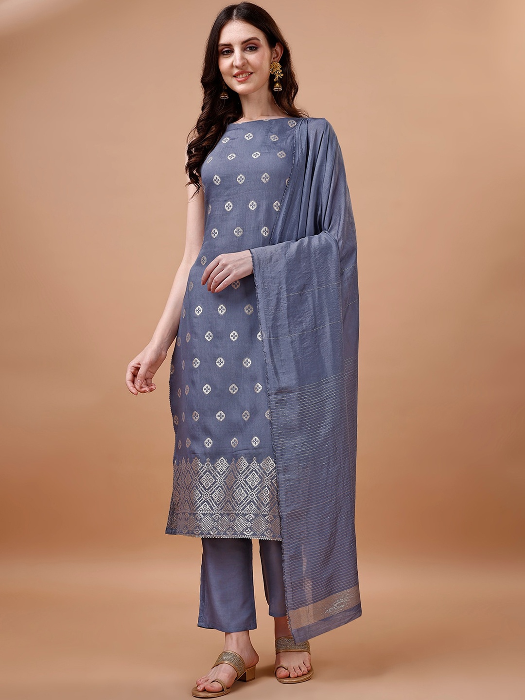 

KALINI Woven Design Jacquard Pure Silk Straight Kurta with Trousers & Dupatta, Grey