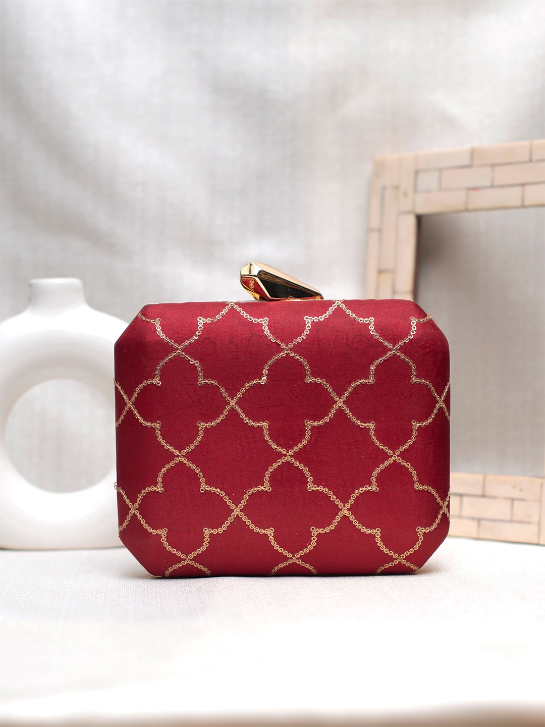 

ARTKLIM Embroidered Sequined Box Clutch, Maroon