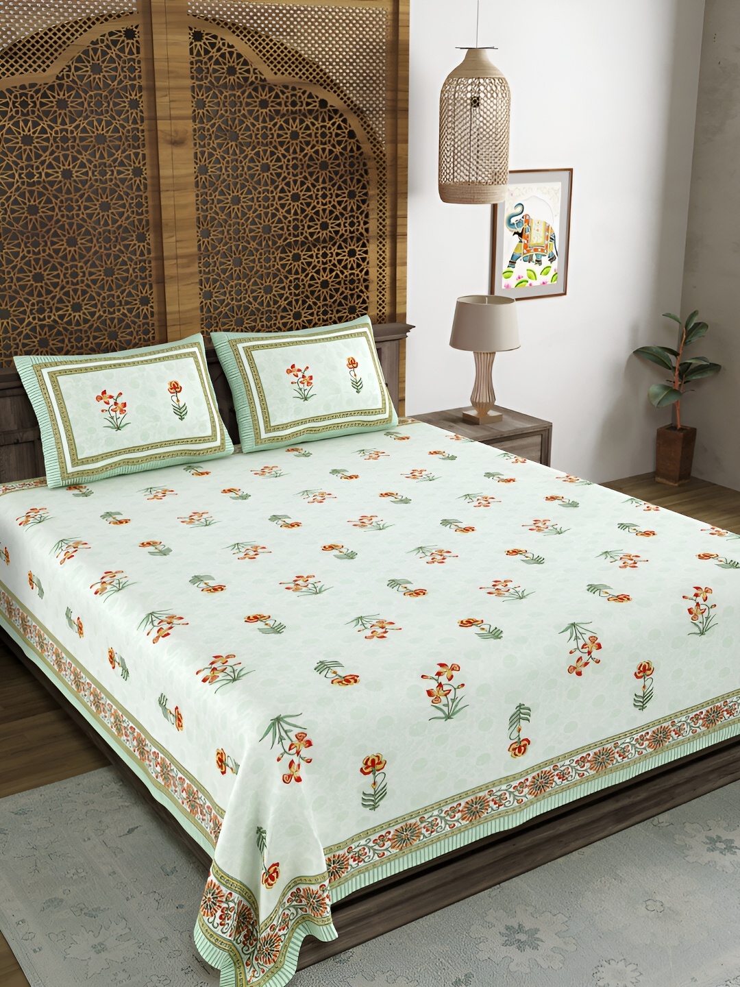 Sangria White & Green Floral 180 TC Pure Cotton Double King Bedsheet With 2 Pillow Covers