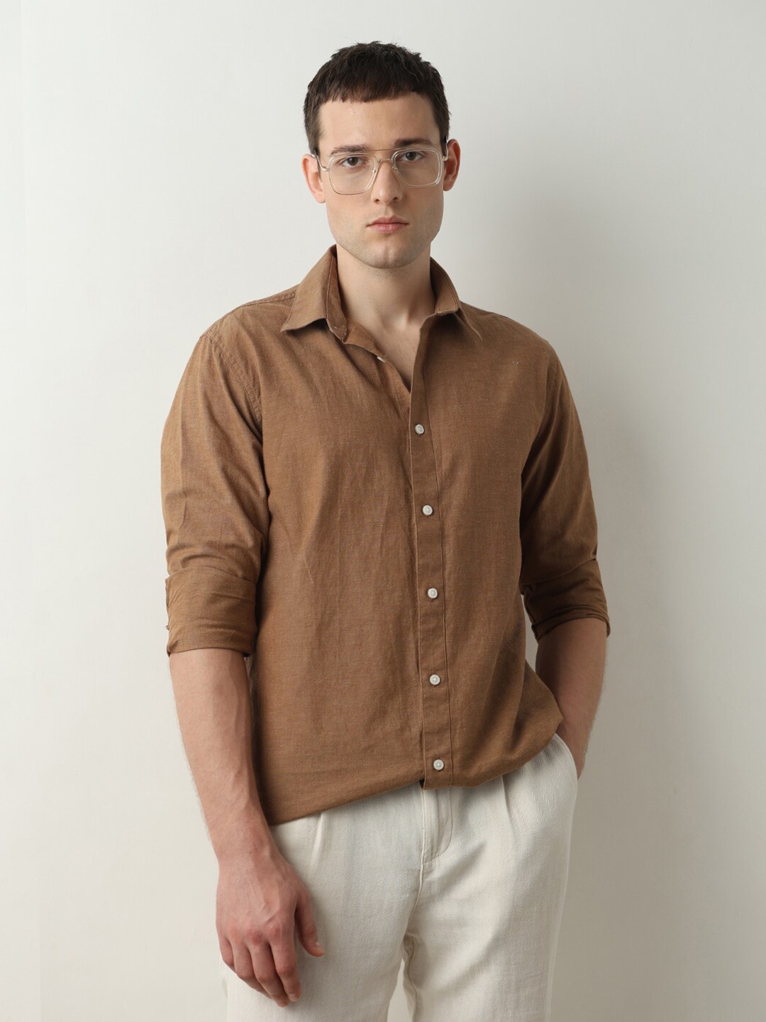 

SELECTED Spread Collar Opaque Cotton Casual Shirt, Brown