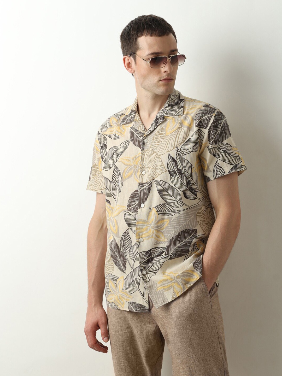 

SELECTED Cuban Collar Opaque Printed Cotton Casual Shirt, Beige