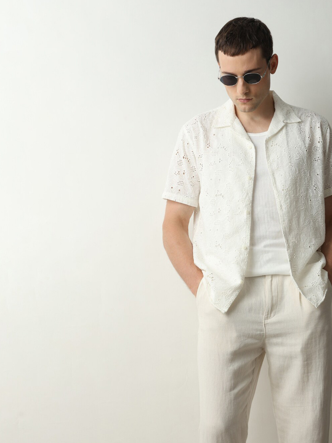 

SELECTED Self Design Sheer Cotton Casual Shirt, Off white
