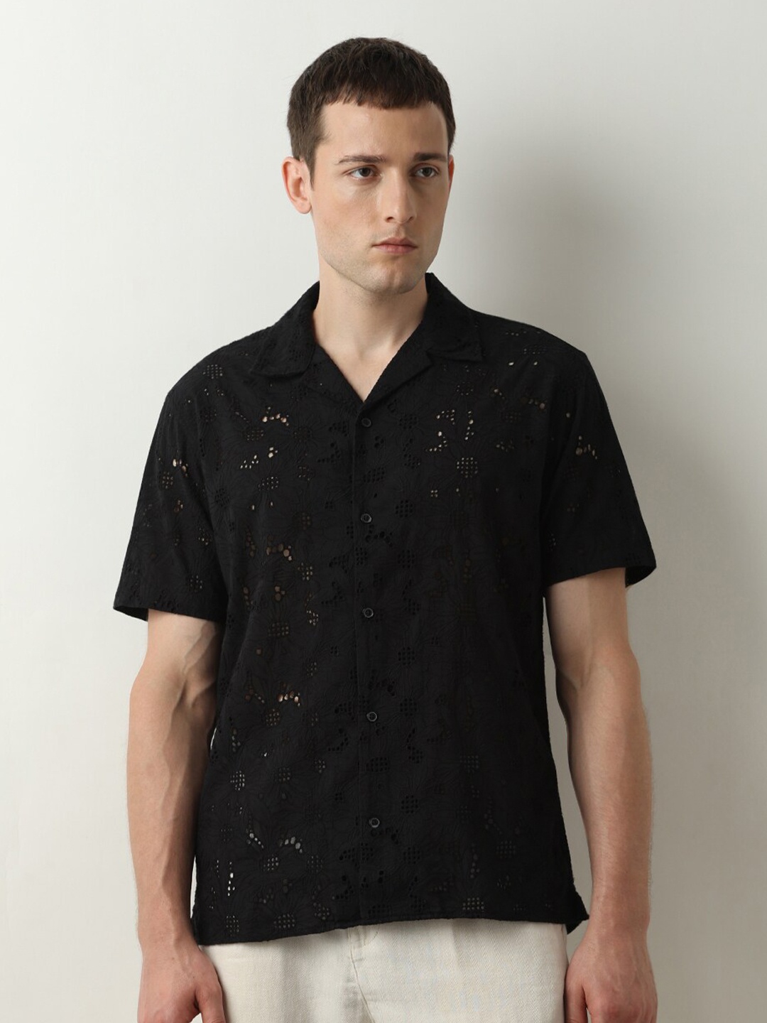 

SELECTED Self Design Sheer Cotton Casual Shirt, Black