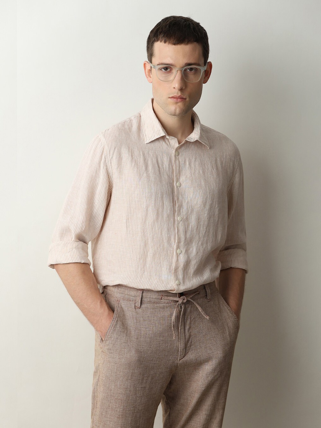 

SELECTED Opaque Vertical Striped Linen Casual Shirt, Pink