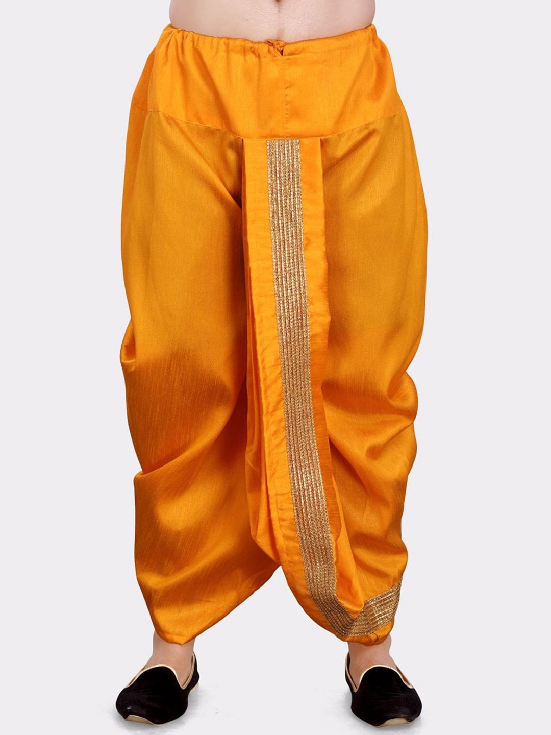 

SHIWAM ETHNIX Men Gathered Or Pleated Cotton Silk Dhoti Pants With Gotta Patti Border, Orange