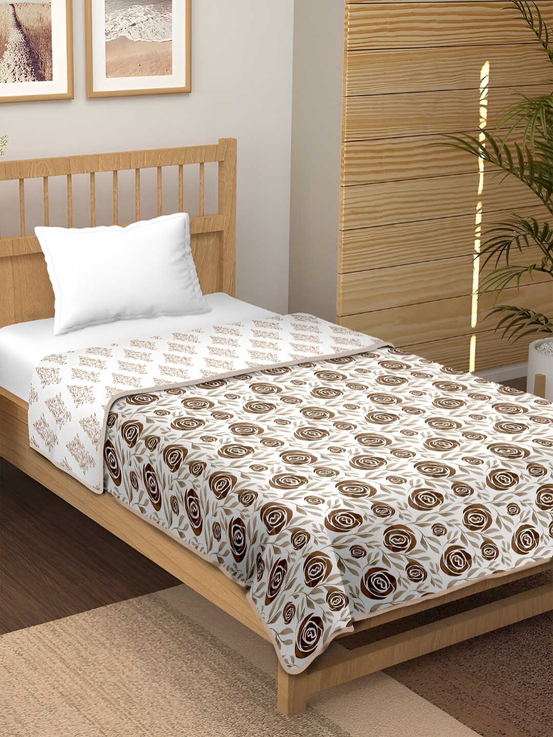 

CHICERY Brown & Rose Floral 210 GSM Pure Cotton AC Room Single Bed Dohar