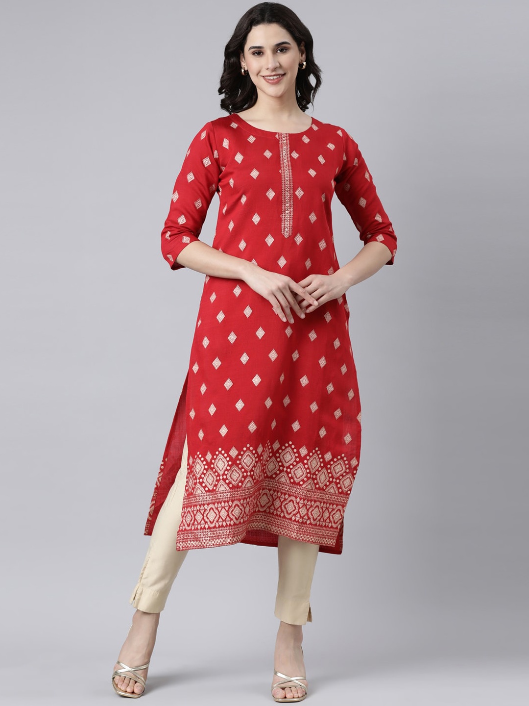 

GOLDSTROMS Ethnic Motifs Woven Design Silk Straight Kurta, Red