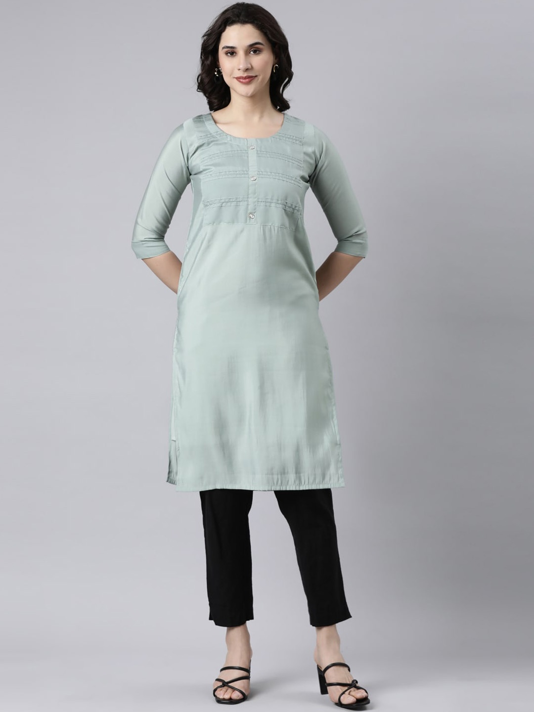 

GOLDSTROMS Yoke Design Thread Work Straight Kurta, Sea green