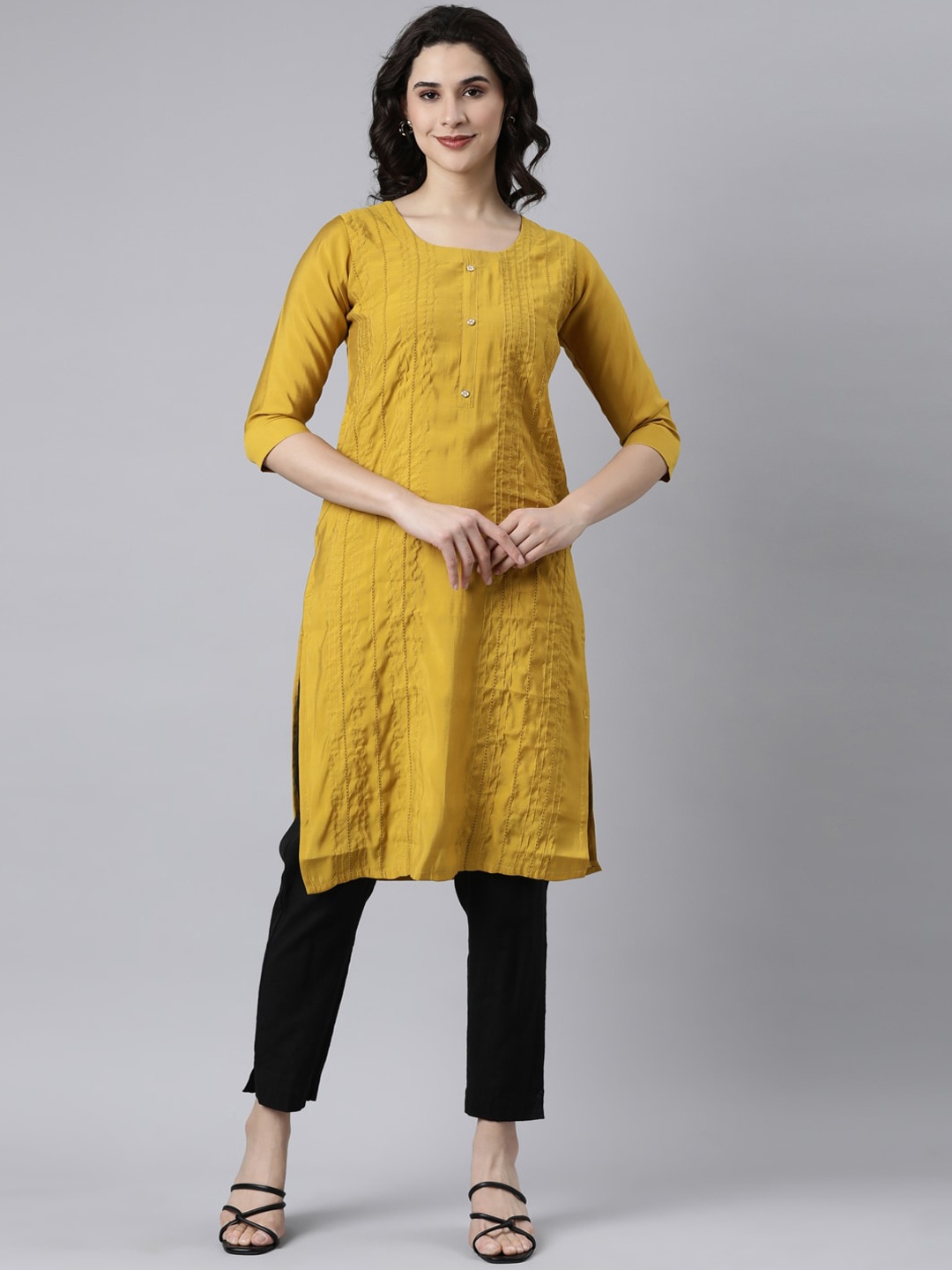 

GOLDSTROMS Striped Thread Work Panelled Straight Kurta, Mustard