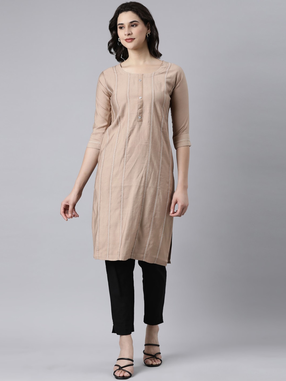 

GOLDSTROMS Striped Round Neck Straight Kurta, Beige