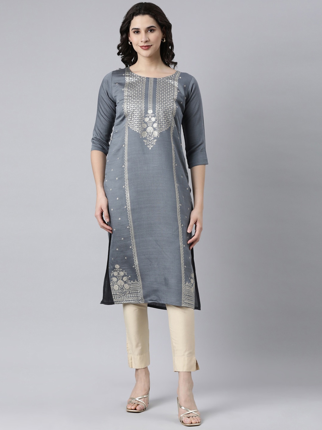 

GOLDSTROMS Ethnic Motifs Printed Straight Silk Kurta, Grey
