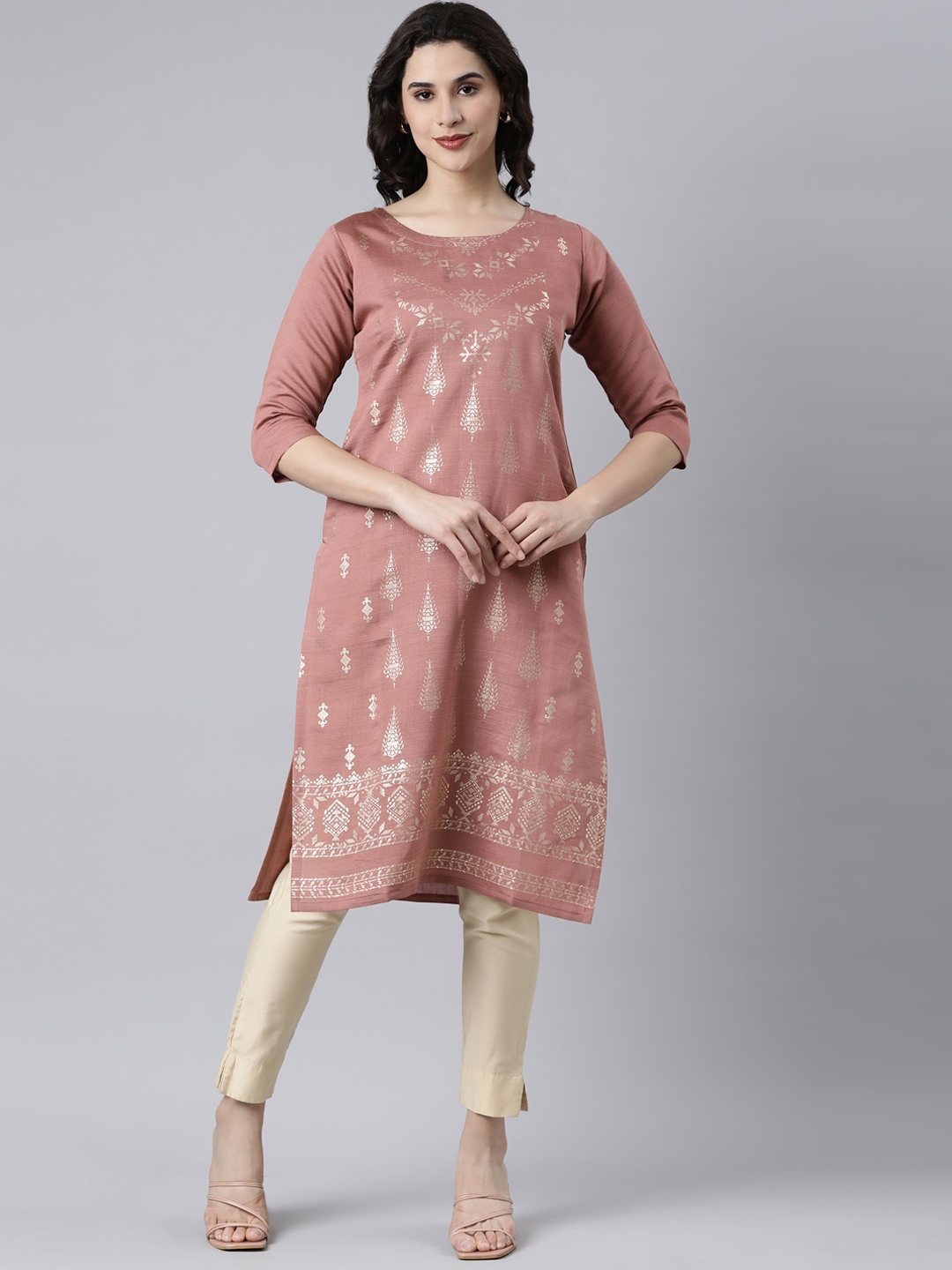 

GOLDSTROMS Ethnic Motif Printed Straight Kurta, Brown