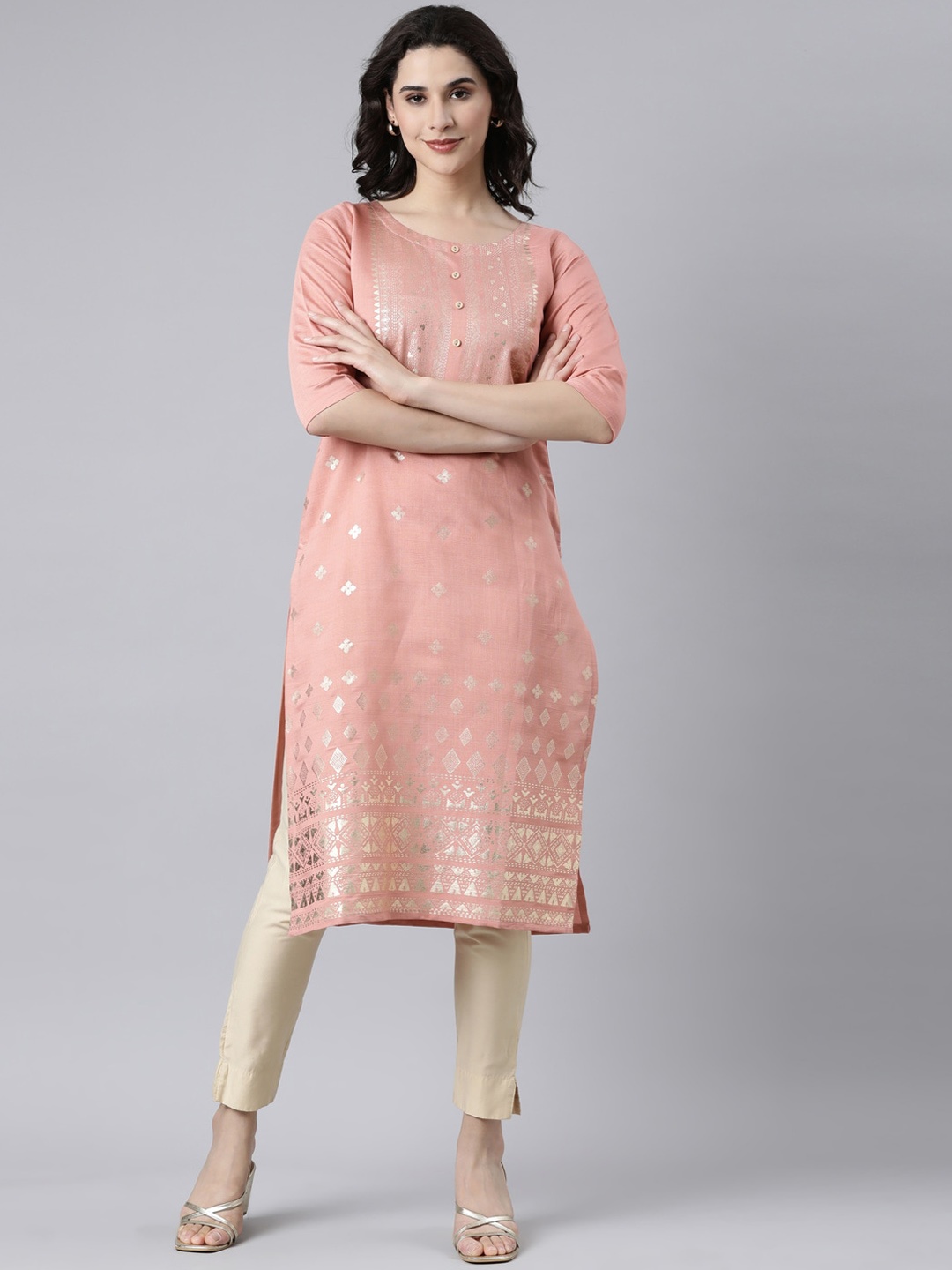 

GOLDSTROMS Ethnic Motifs Printed Silk Straight Kurta, Peach