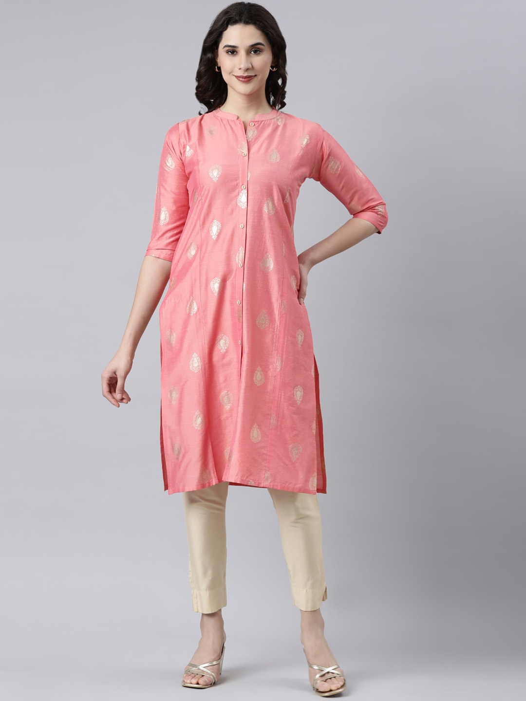 

GOLDSTROMS Ethnic Motifs Printed A-Line Silk Kurta, Peach