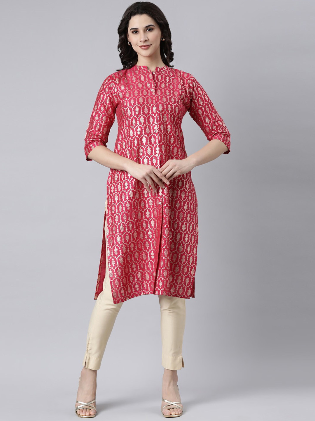 

GOLDSTROMS Ethnic Motifs Printed Mandarin Collar Straight Kurta, Fuchsia