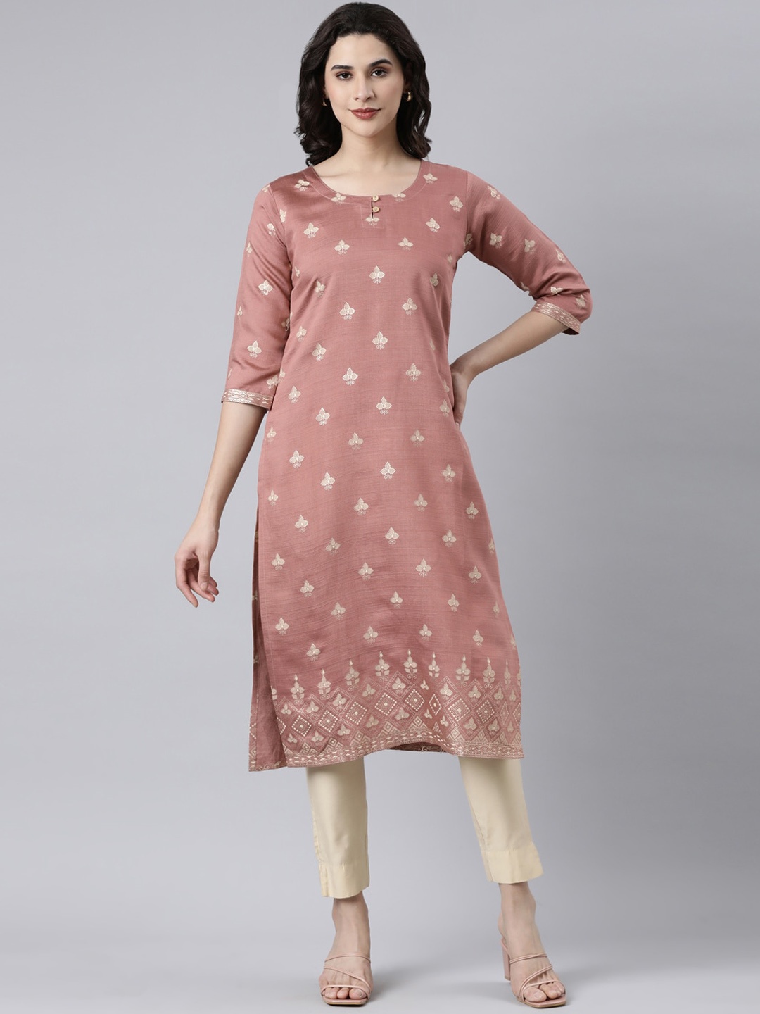 

GOLDSTROMS Ethnic Motifs Printed Mandarin Collar Straight Kurta, Brown