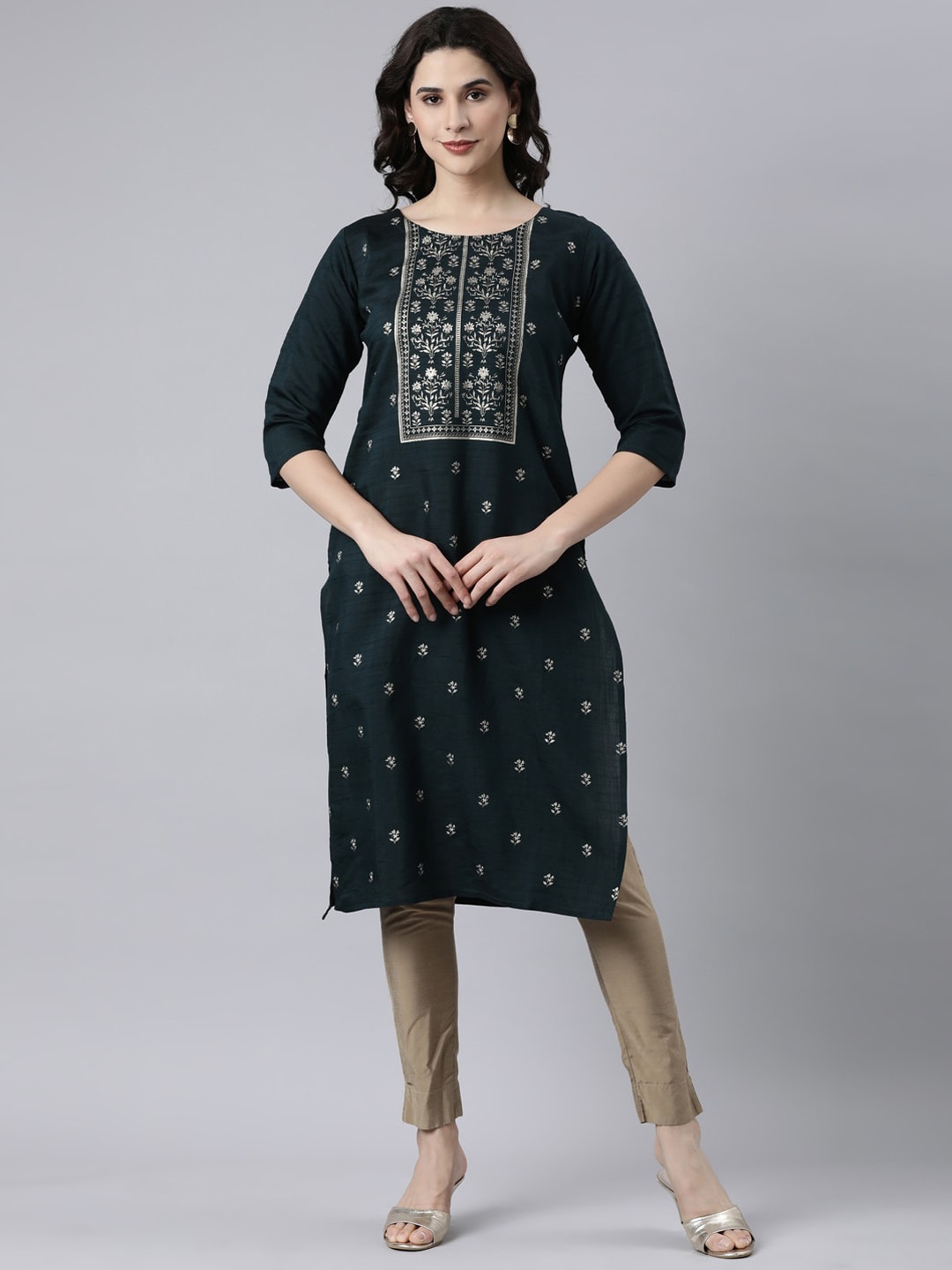 

GOLDSTROMS Ethnic Motifs Printed Mandarin Collar Straight Kurta, Navy blue