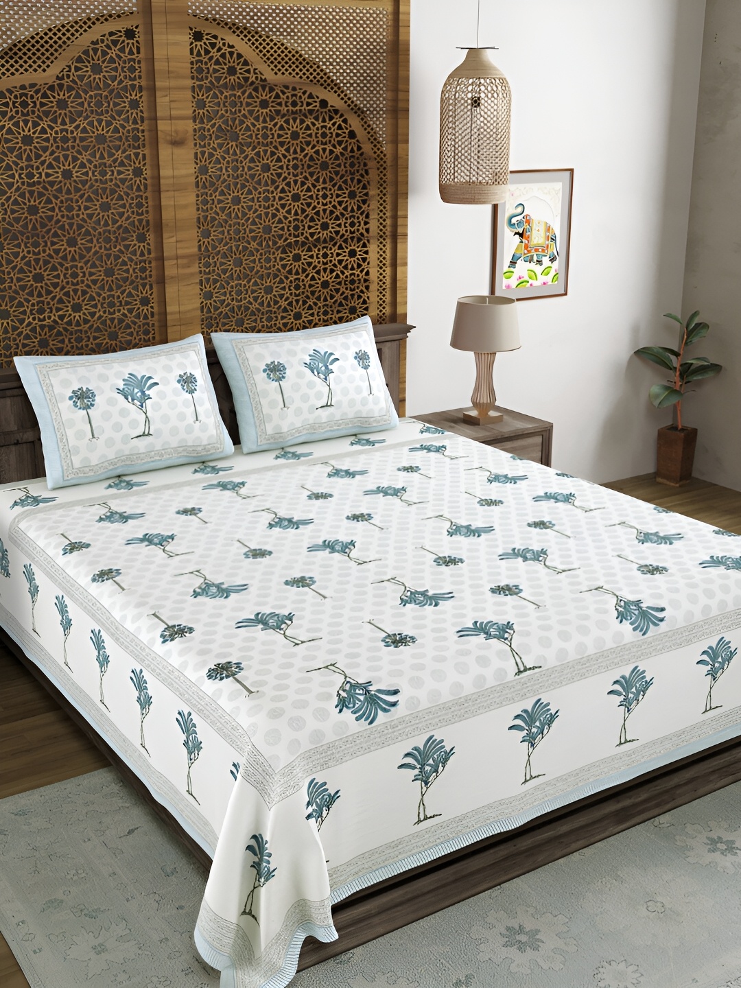 Sangria Grey & Blue Floral 180 TC Pure Cotton Super King Bedsheet & 2 Pillow Covers