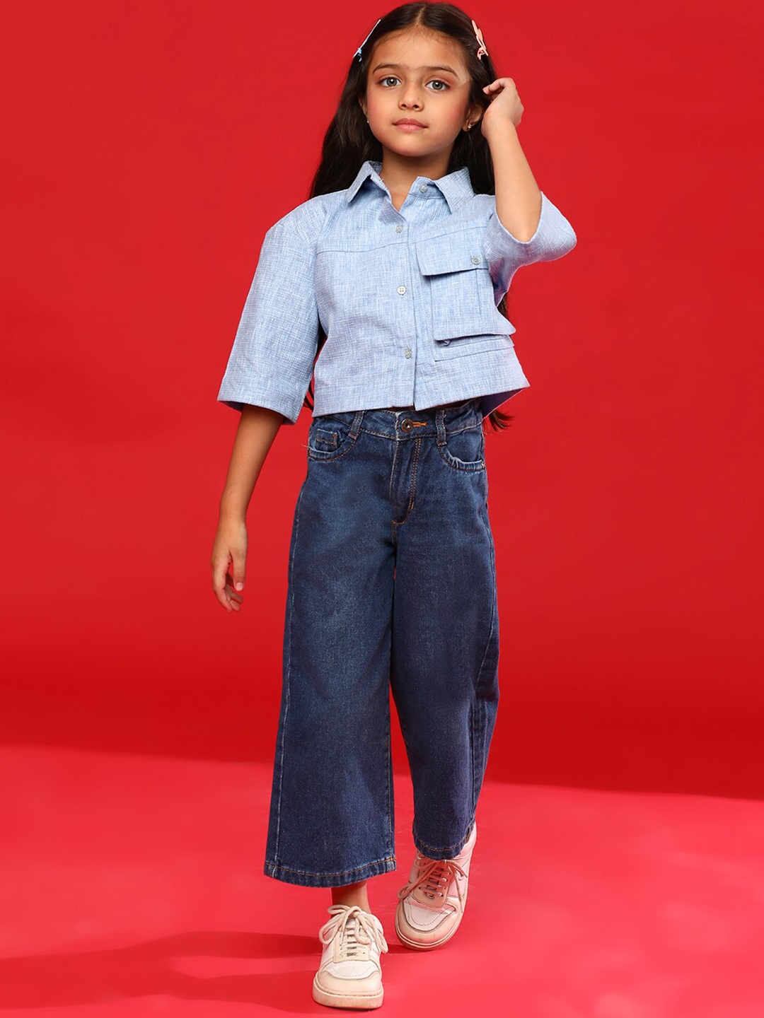 

TALES & STORIES Girls Boxy Long Sleeves Spread Collar Cotton Opaque Casual Shirt, Blue