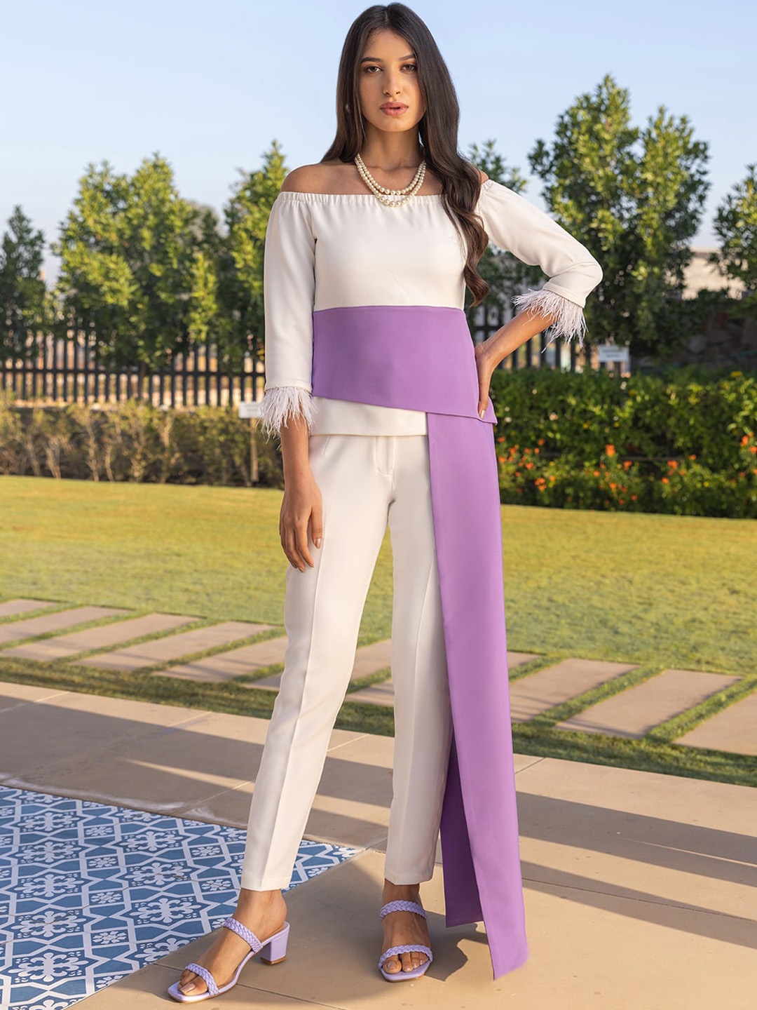 

B'Infinite Off Shoulder Fringed Top With Trouser, White