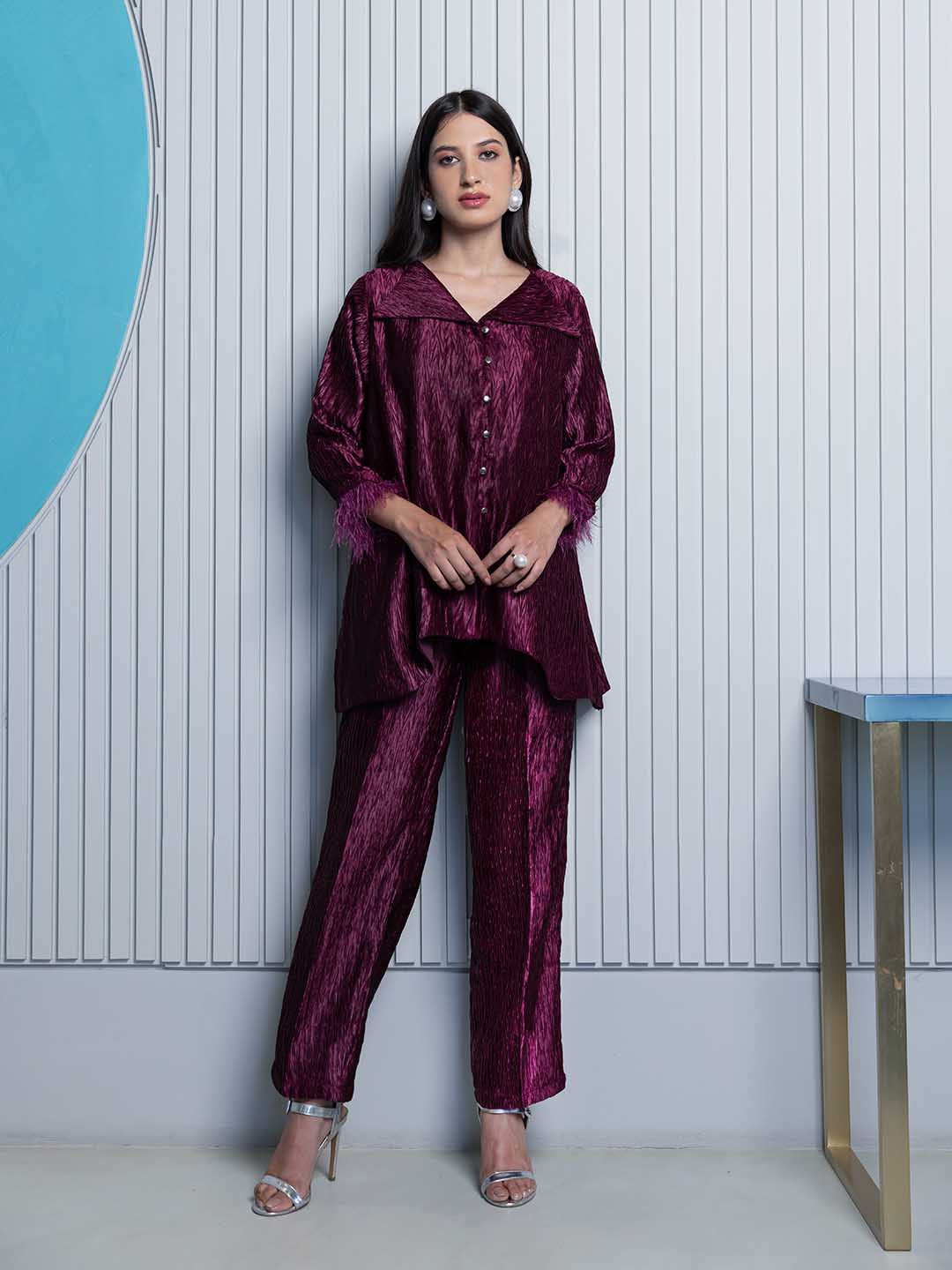 

B'Infinite Self Design V-Neck Metallic Shirt With Trousers Co-Ords, Purple