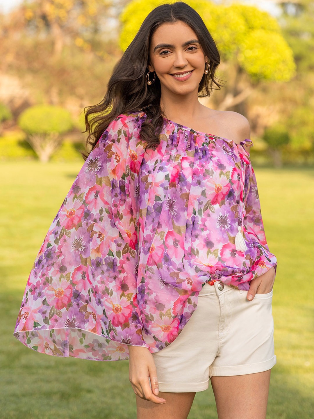 

B'Infinite Floral Printed One Shoulder Top With Shorts, Purple