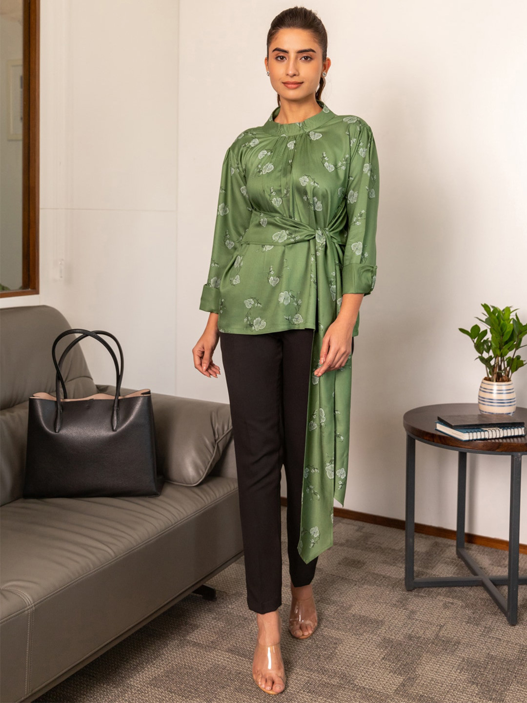 

B'Infinite Floral Printed Round Neck Two Way Top & Flared Trouser Co-Ords, Green