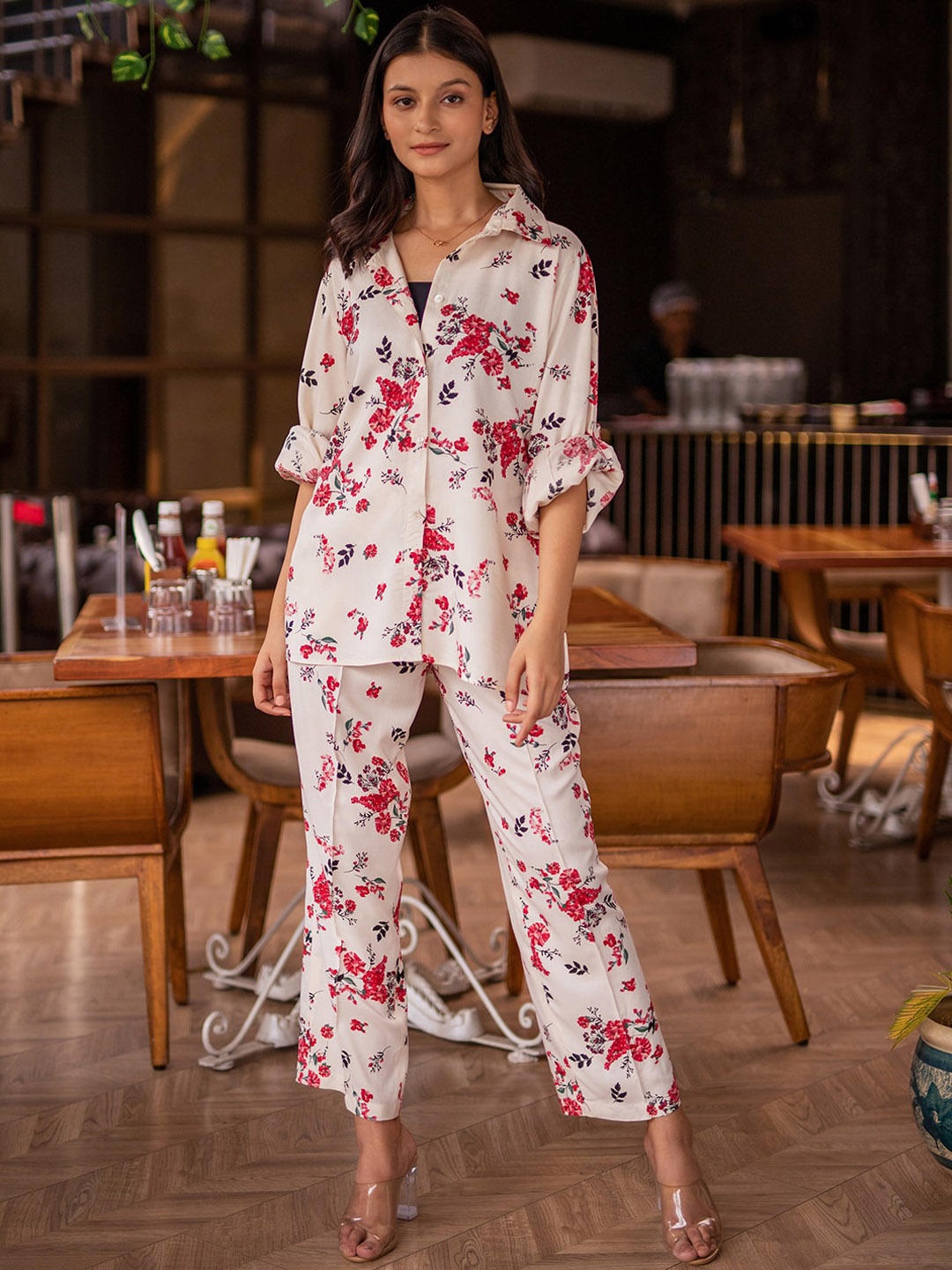 

B'Infinite Floral-Printed Shirt With Bralette & Trousers, Off white