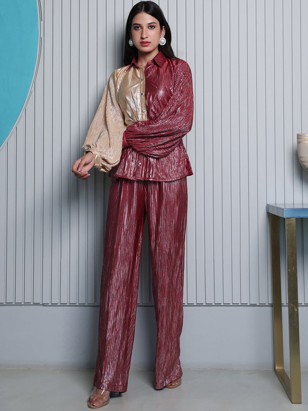 

B'Infinite Colourblocked Shirt Collar Shirt & Flared Trouser, Gold