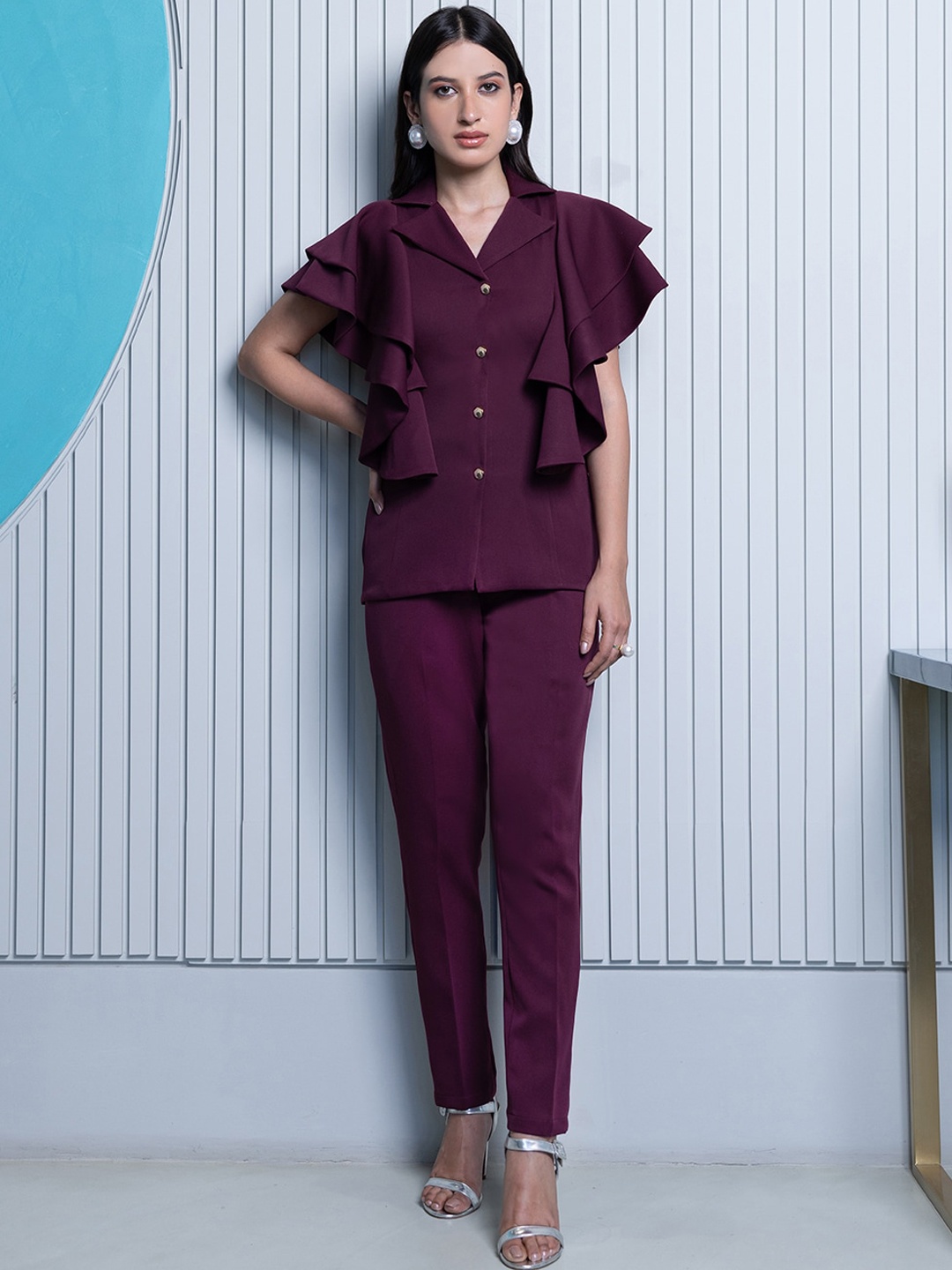 

B'Infinite Lapel Collar Ruffled Top & Trouser, Burgundy