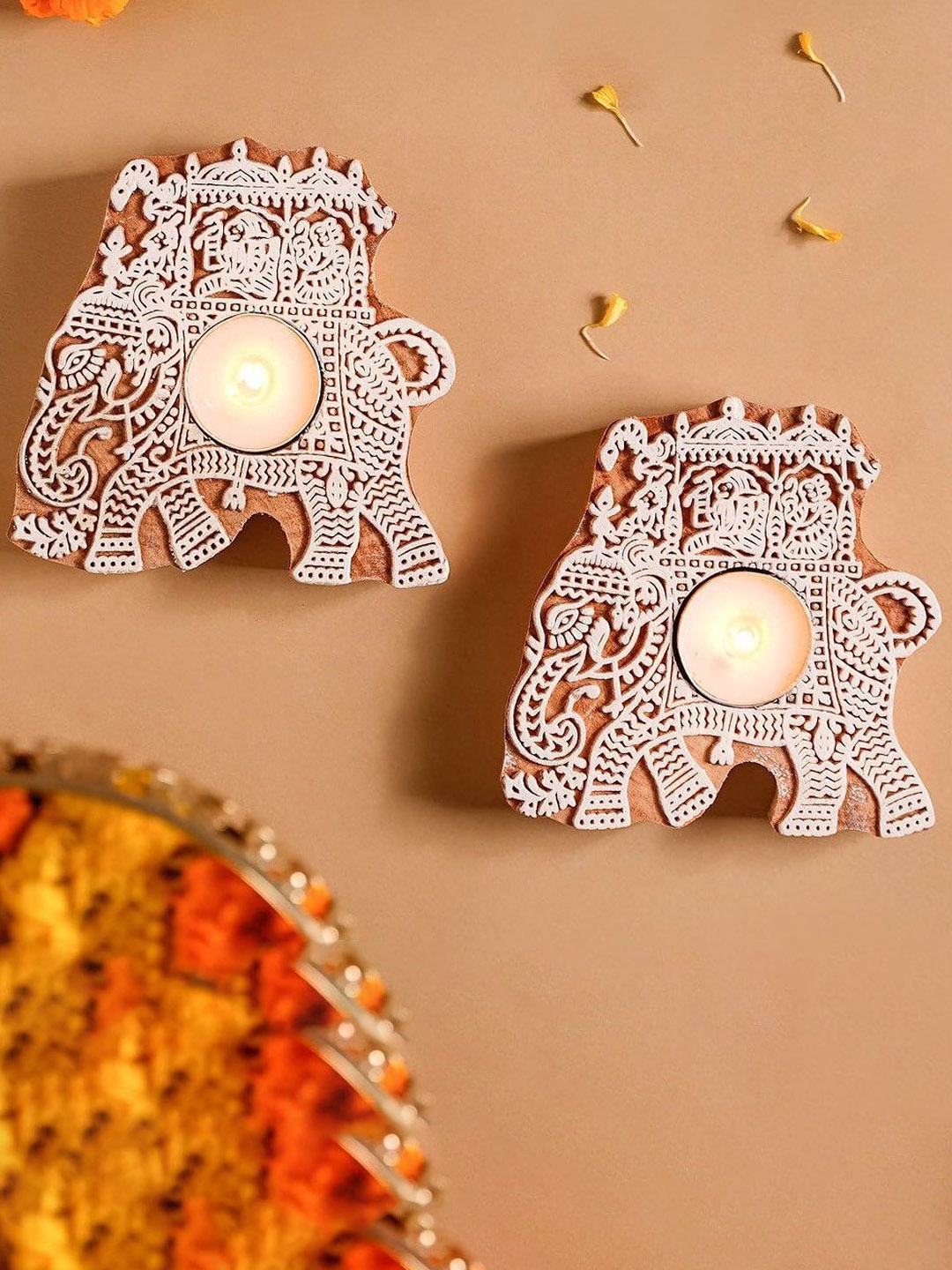 

PujaNPujari Brown & White 2 Pieces Textured Wooden Tea Light Candle Holder
