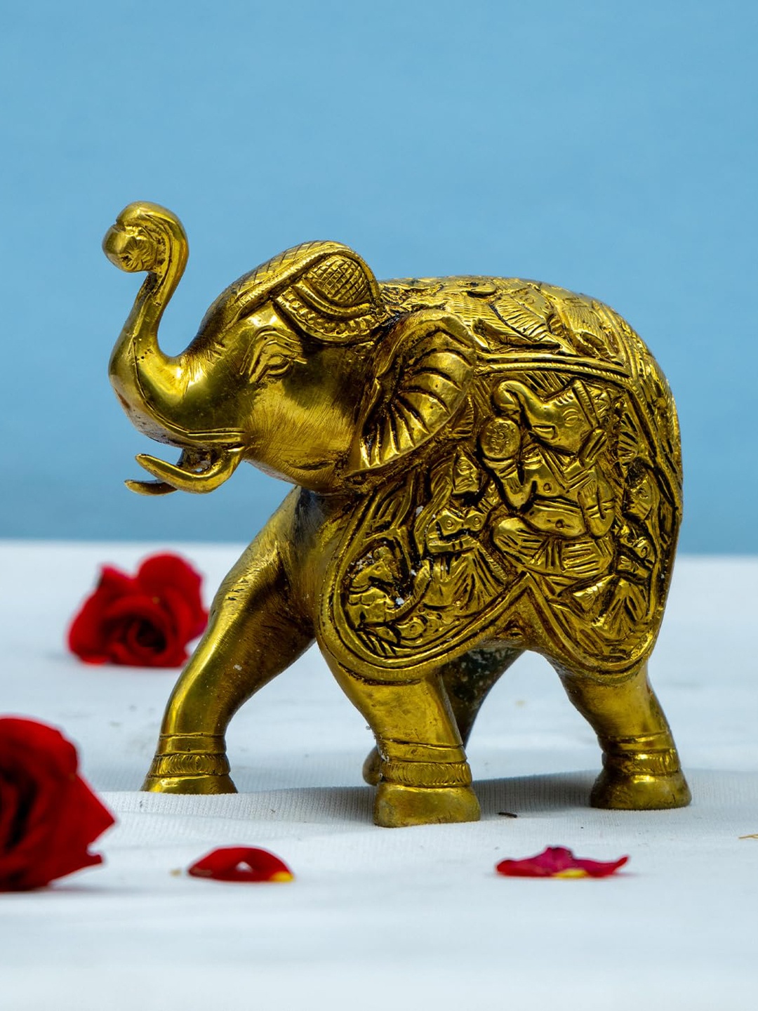 

PujaNPujari Gold Toned Elephant Brass Figurine Showpiece